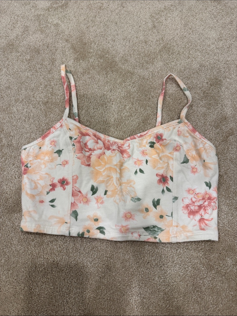Floral Cropped Cami Top - White with Peach & Pink Flowers
